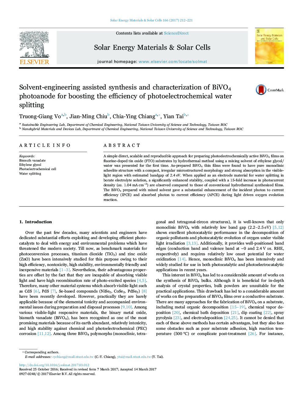 Solvent-engineering assisted synthesis and characterization of BiVO4 photoanode for boosting the efficiency of photoelectrochemical water splitting