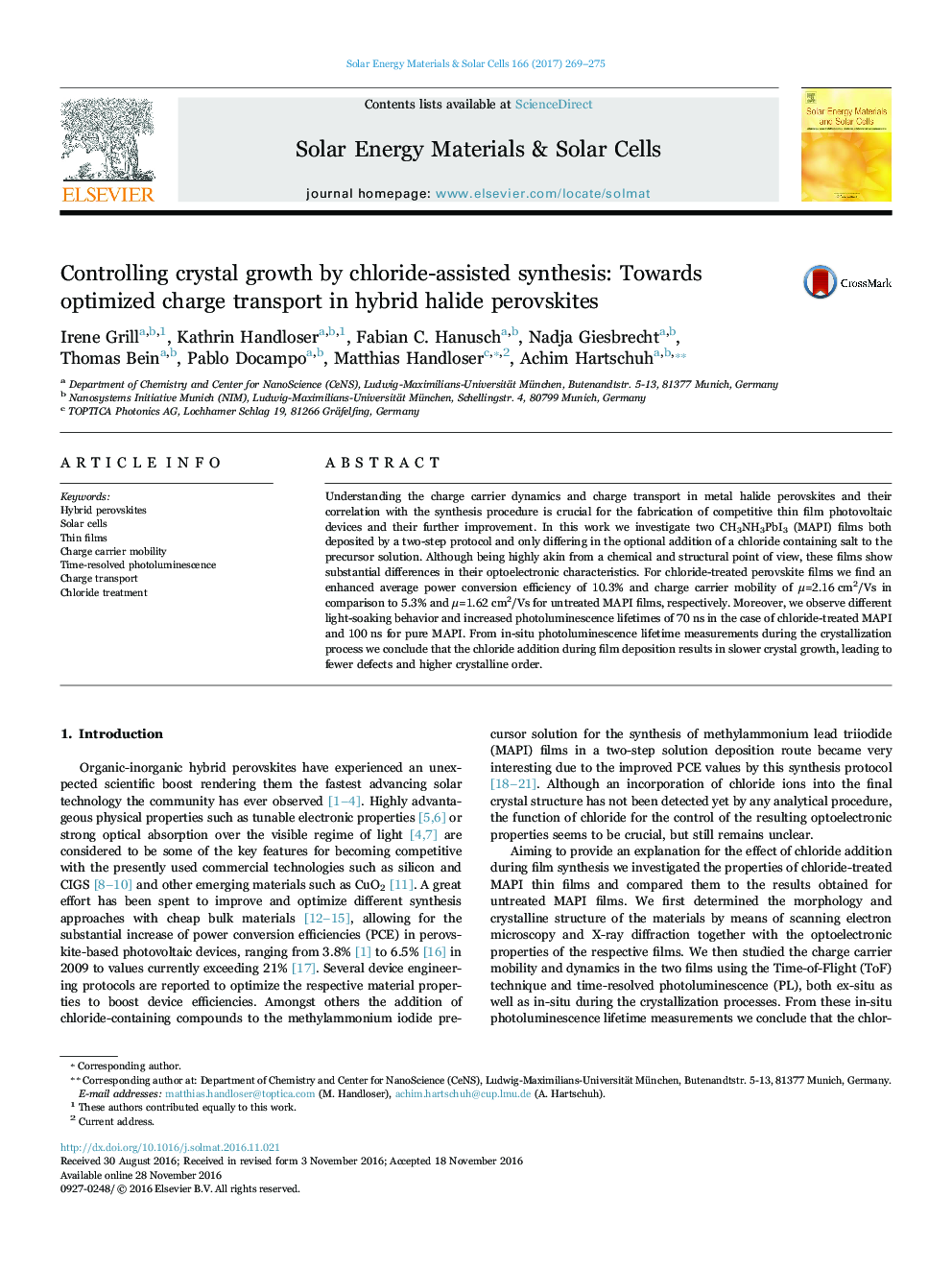 Controlling crystal growth by chloride-assisted synthesis: Towards optimized charge transport in hybrid halide perovskites