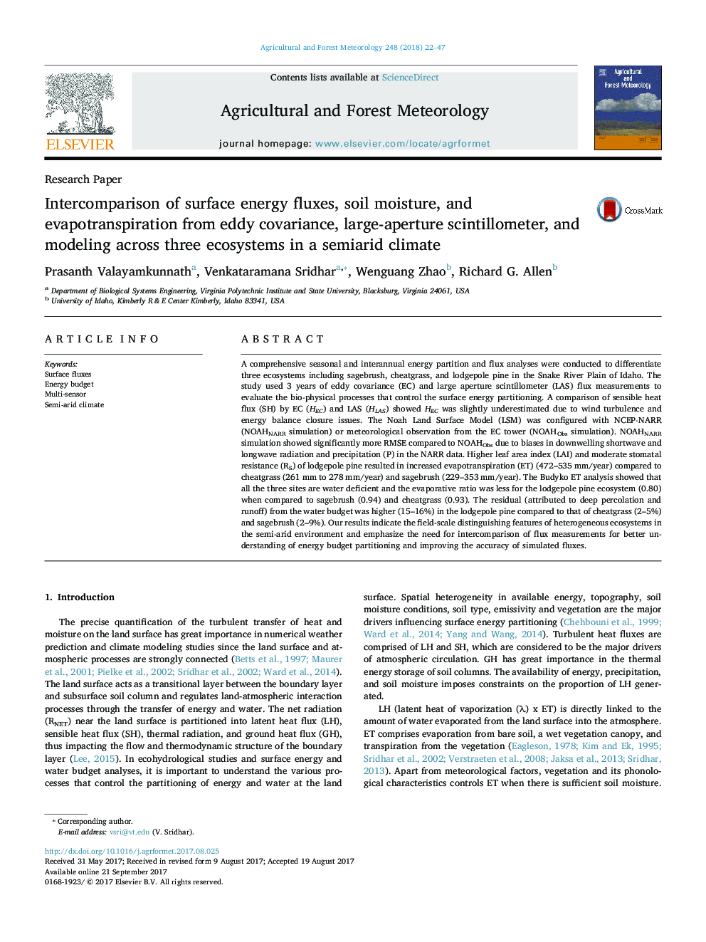 Intercomparison of surface energy fluxes, soil moisture, and evapotranspiration from eddy covariance, large-aperture scintillometer, and modeling across three ecosystems in a semiarid climate