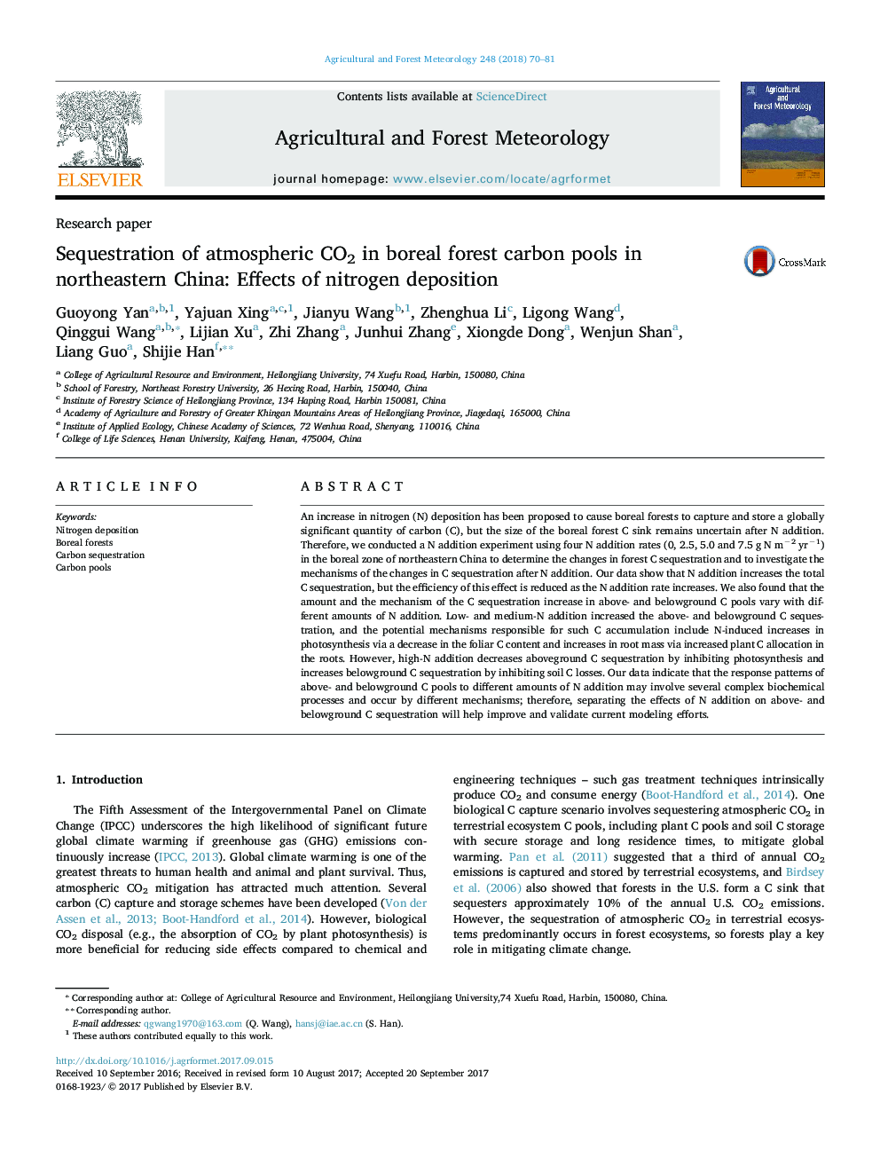 Sequestration of atmospheric CO2 in boreal forest carbon pools in northeastern China: Effects of nitrogen deposition