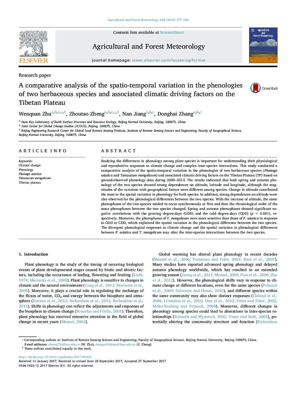 A comparative analysis of the spatio-temporal variation in the phenologies of two herbaceous species and associated climatic driving factors on the Tibetan Plateau