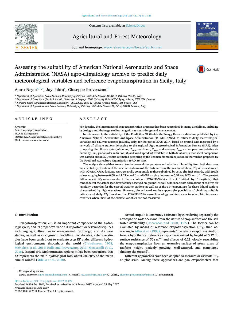 Assessing the suitability of American National Aeronautics and Space Administration (NASA) agro-climatology archive to predict daily meteorological variables and reference evapotranspiration in Sicily, Italy