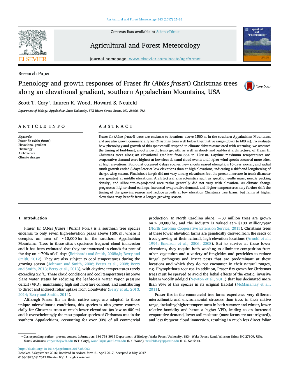 Phenology and growth responses of Fraser fir (Abies fraseri) Christmas trees along an elevational gradient, southern Appalachian Mountains, USA