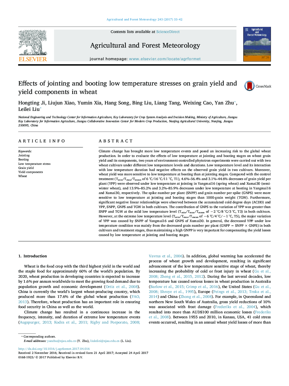 Effects of jointing and booting low temperature stresses on grain yield and yield components in wheat