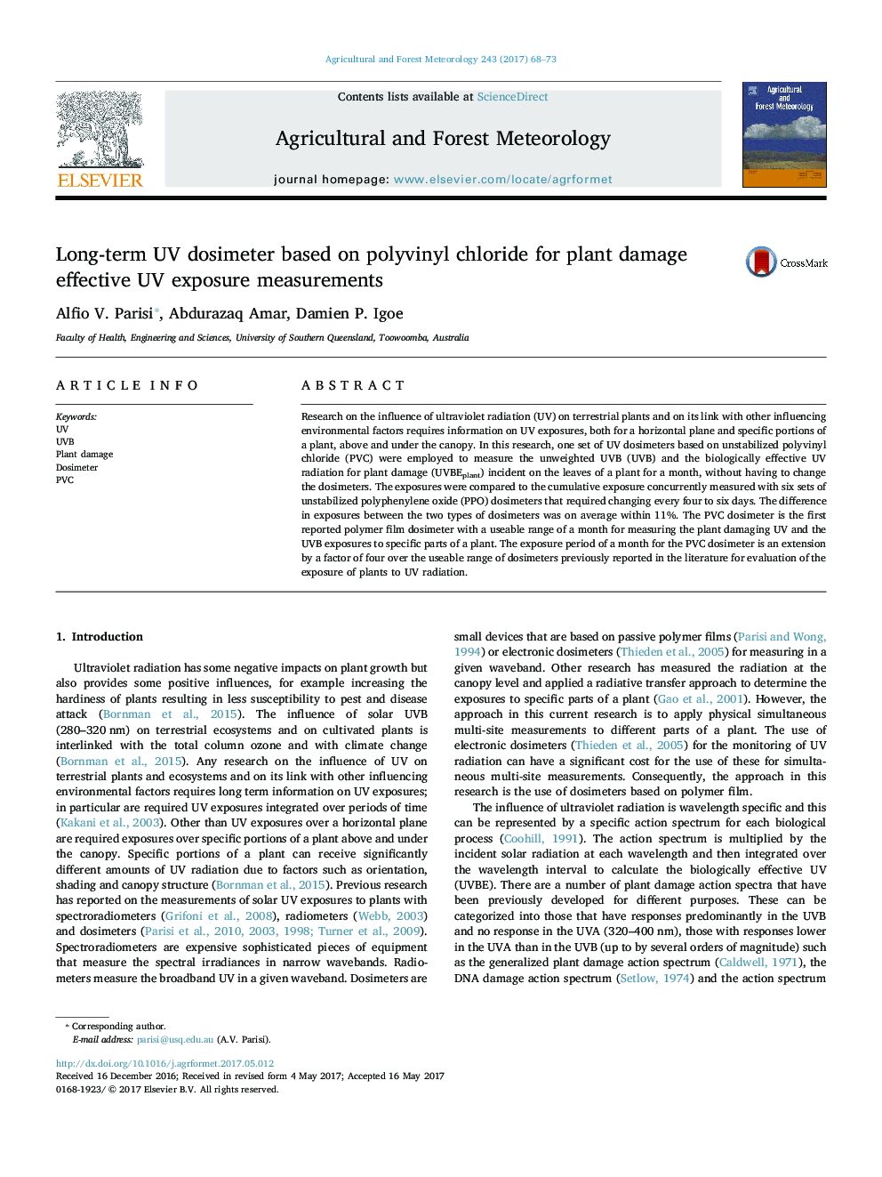 Long-term UV dosimeter based on polyvinyl chloride for plant damage effective UV exposure measurements