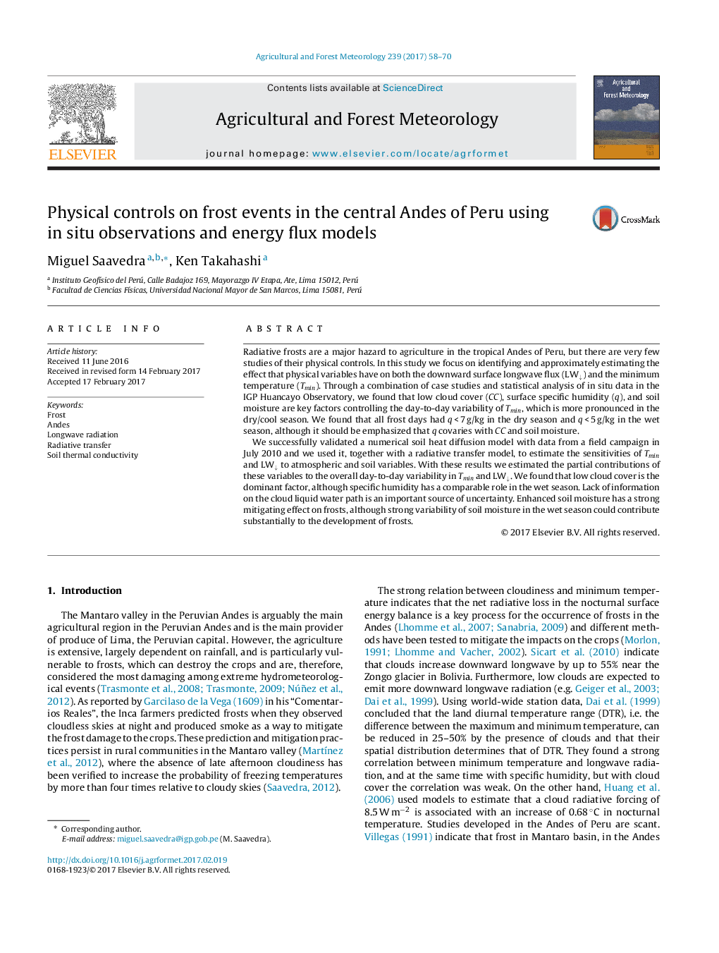 Physical controls on frost events in the central Andes of Peru using in situ observations and energy flux models