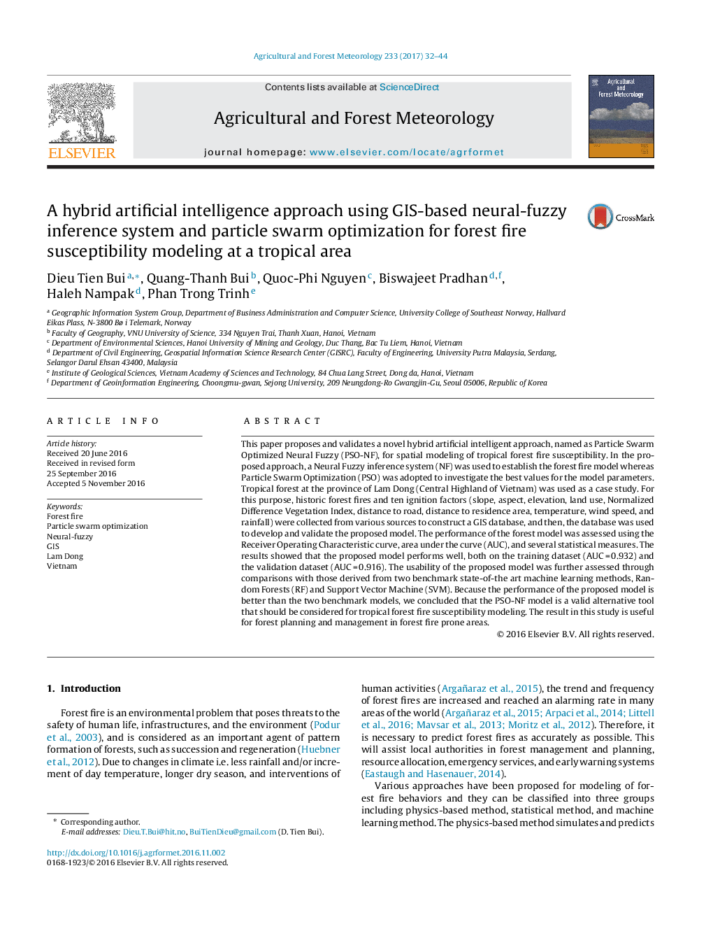 A hybrid artificial intelligence approach using GIS-based neural-fuzzy inference system and particle swarm optimization for forest fire susceptibility modeling at a tropical area