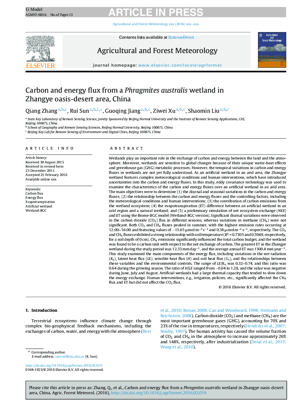 Carbon and energy flux from a Phragmites australis wetland in Zhangye oasis-desert area, China