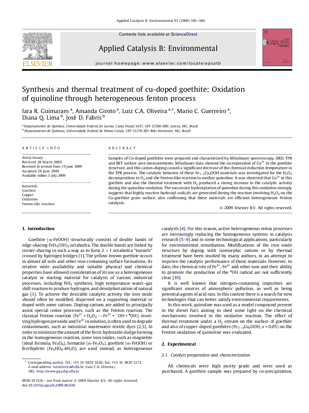 Synthesis and thermal treatment of cu-doped goethite: Oxidation of quinoline through heterogeneous fenton process