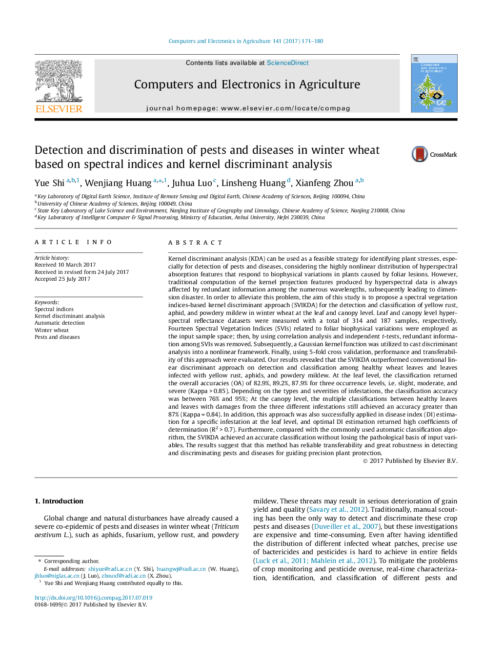 Detection and discrimination of pests and diseases in winter wheat based on spectral indices and kernel discriminant analysis