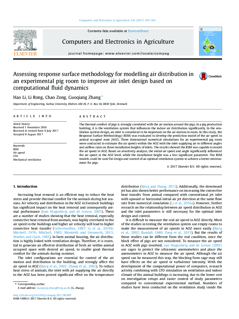 Assessing response surface methodology for modelling air distribution in an experimental pig room to improve air inlet design based on computational fluid dynamics