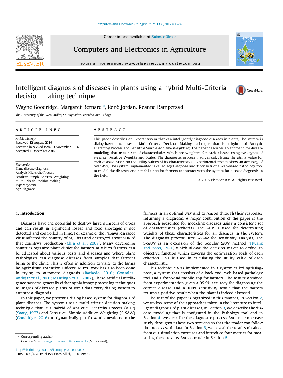 Intelligent diagnosis of diseases in plants using a hybrid Multi-Criteria decision making technique