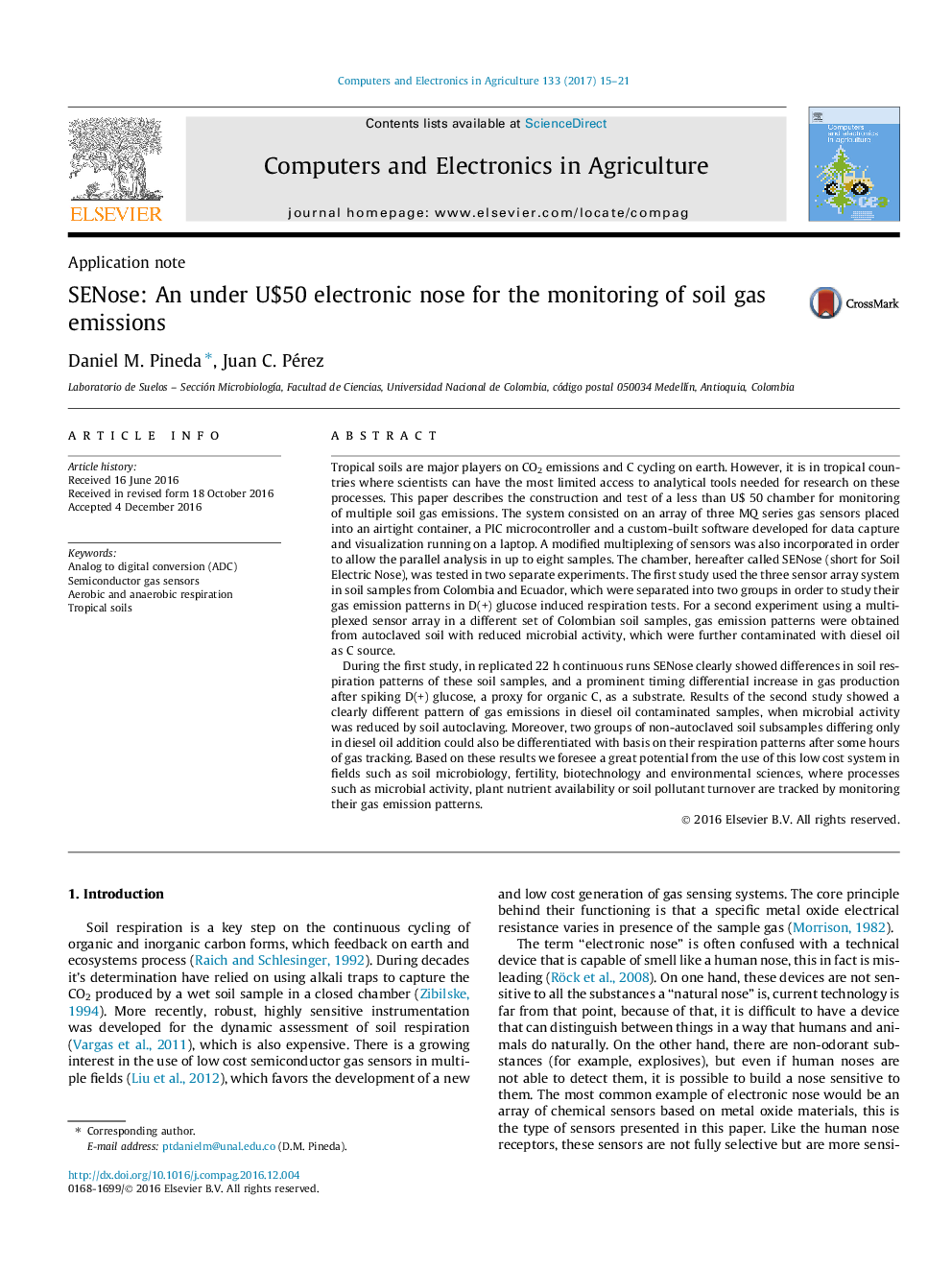 SENose: An under U$50 electronic nose for the monitoring of soil gas emissions