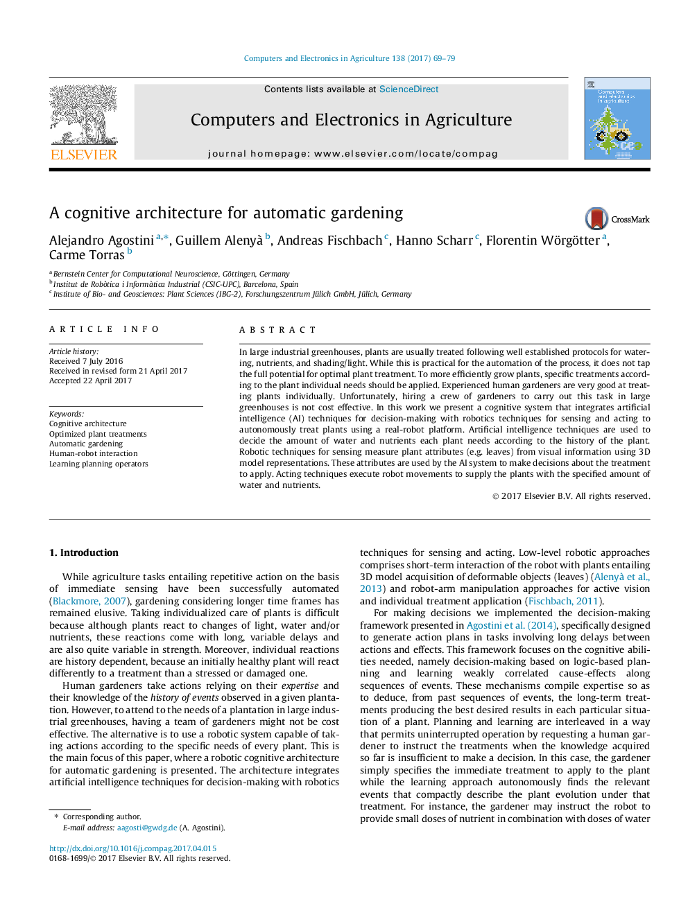 A cognitive architecture for automatic gardening