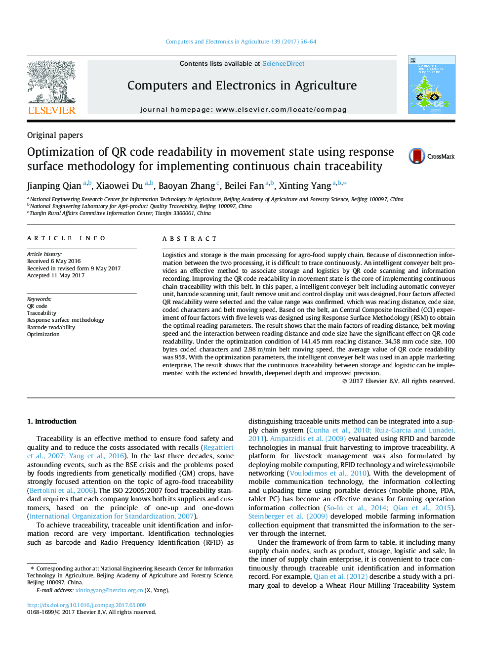 Optimization of QR code readability in movement state using response surface methodology for implementing continuous chain traceability