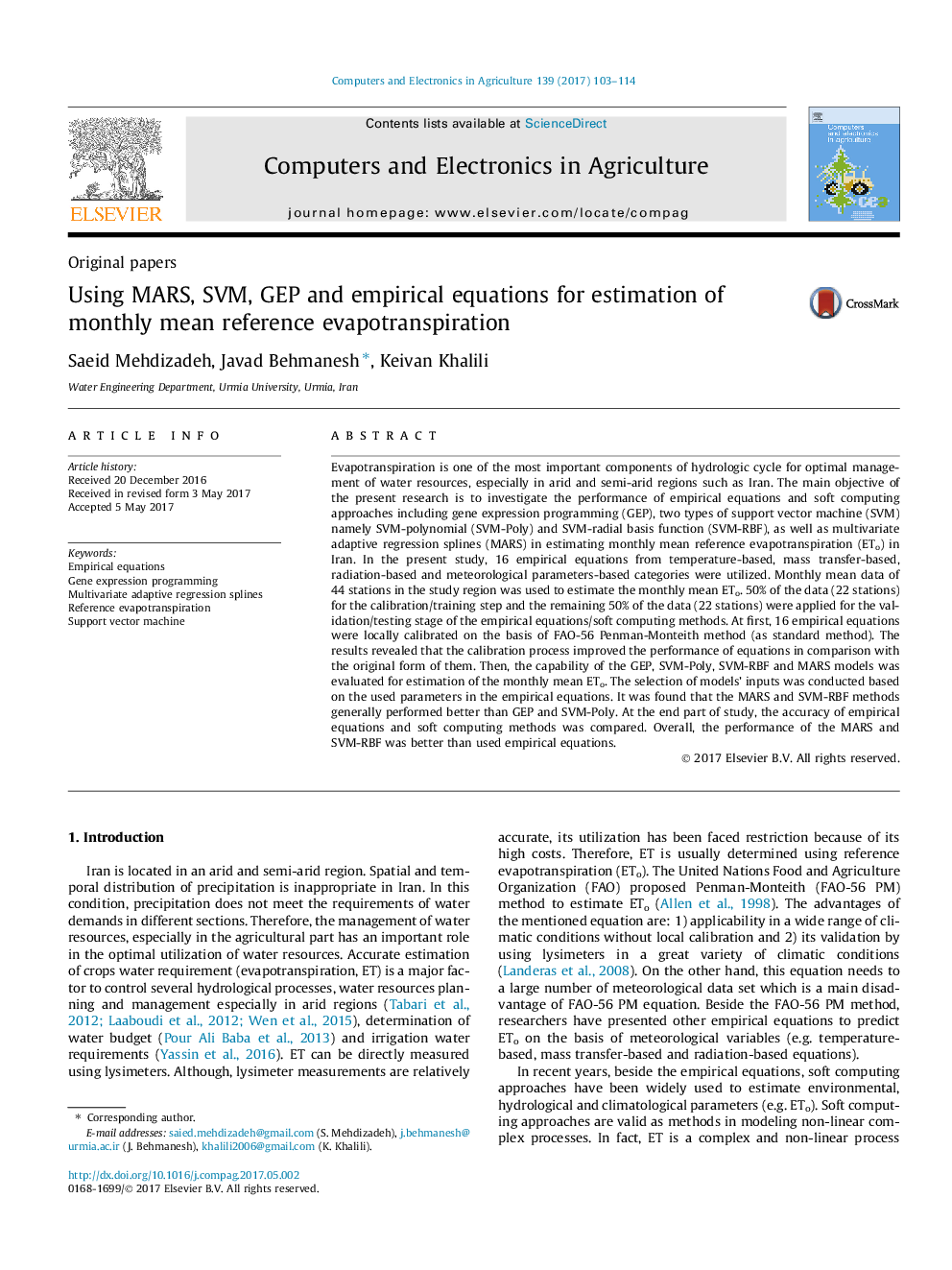 Using MARS, SVM, GEP and empirical equations for estimation of monthly mean reference evapotranspiration