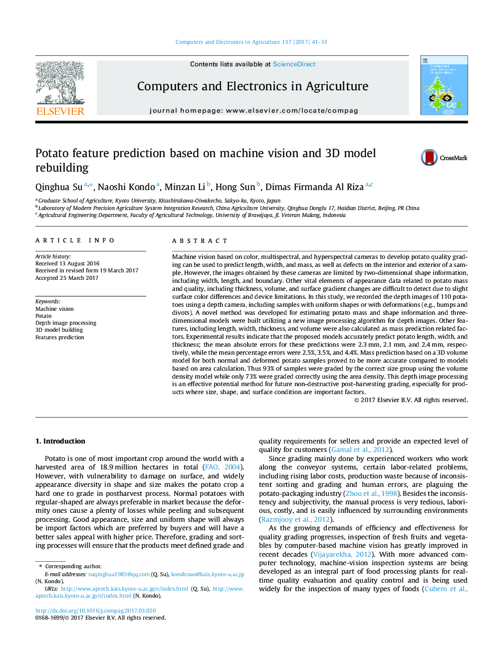 Potato feature prediction based on machine vision and 3D model rebuilding