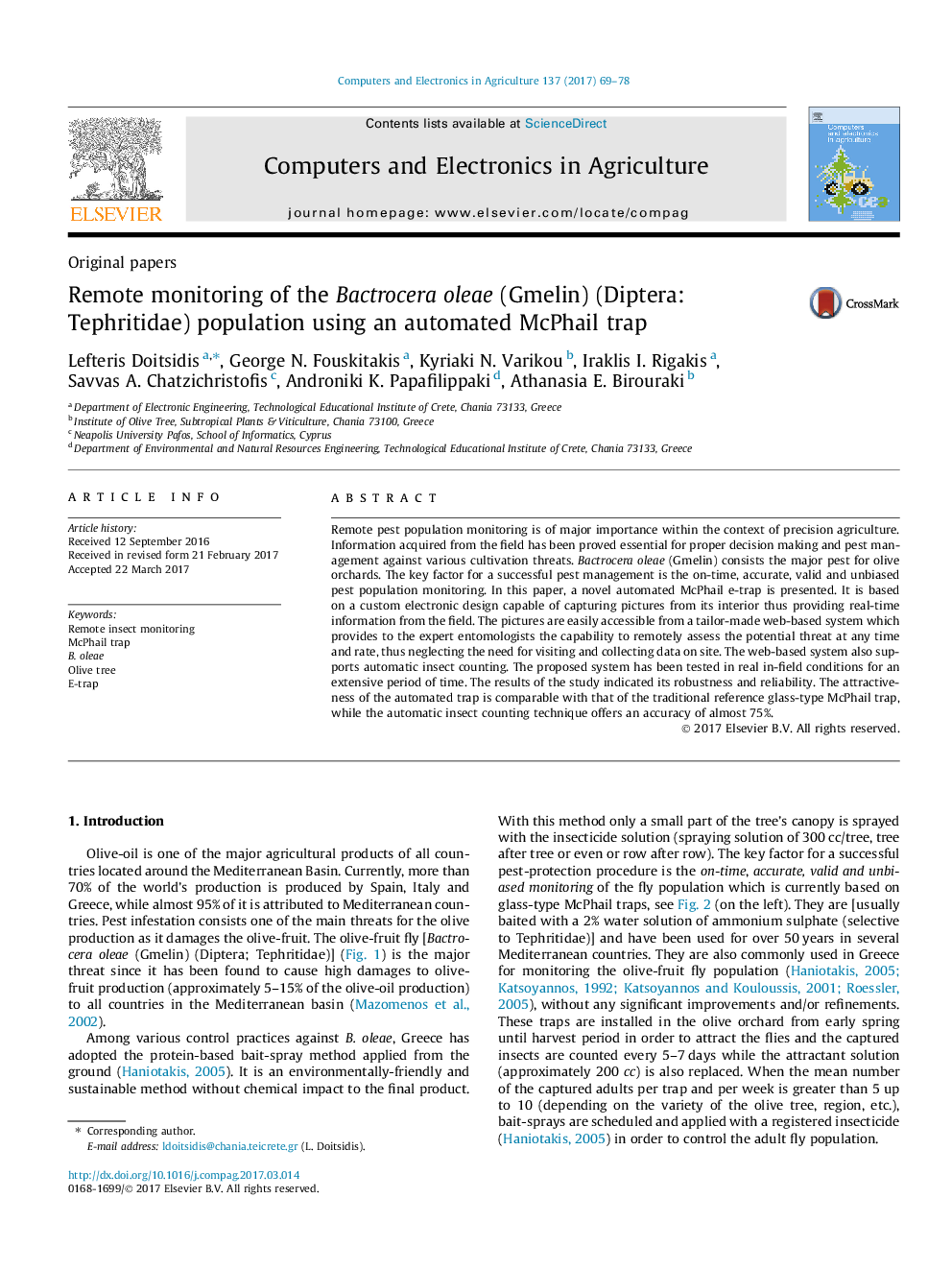 Remote monitoring of the Bactrocera oleae (Gmelin) (Diptera: Tephritidae) population using an automated McPhail trap