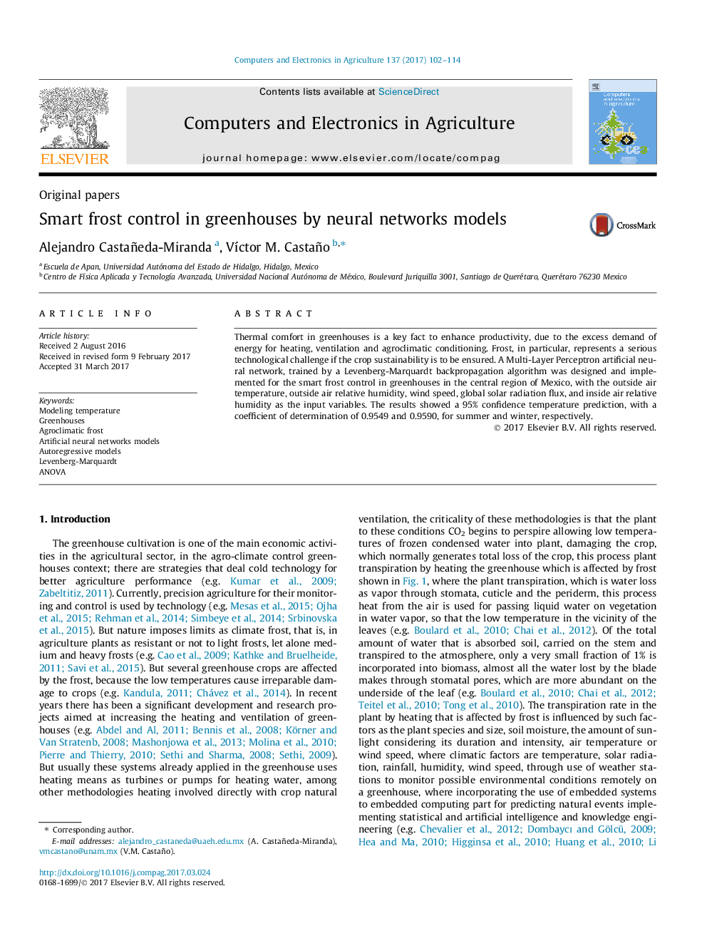 Smart frost control in greenhouses by neural networks models