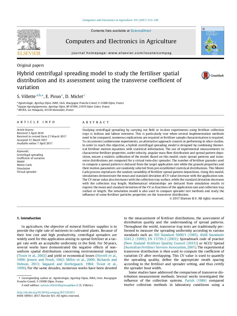 Hybrid centrifugal spreading model to study the fertiliser spatial distribution and its assessment using the transverse coefficient of variation