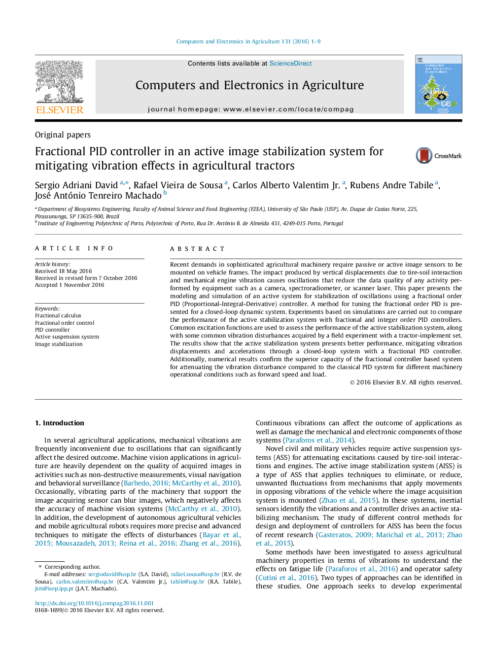 Fractional PID controller in an active image stabilization system for mitigating vibration effects in agricultural tractors