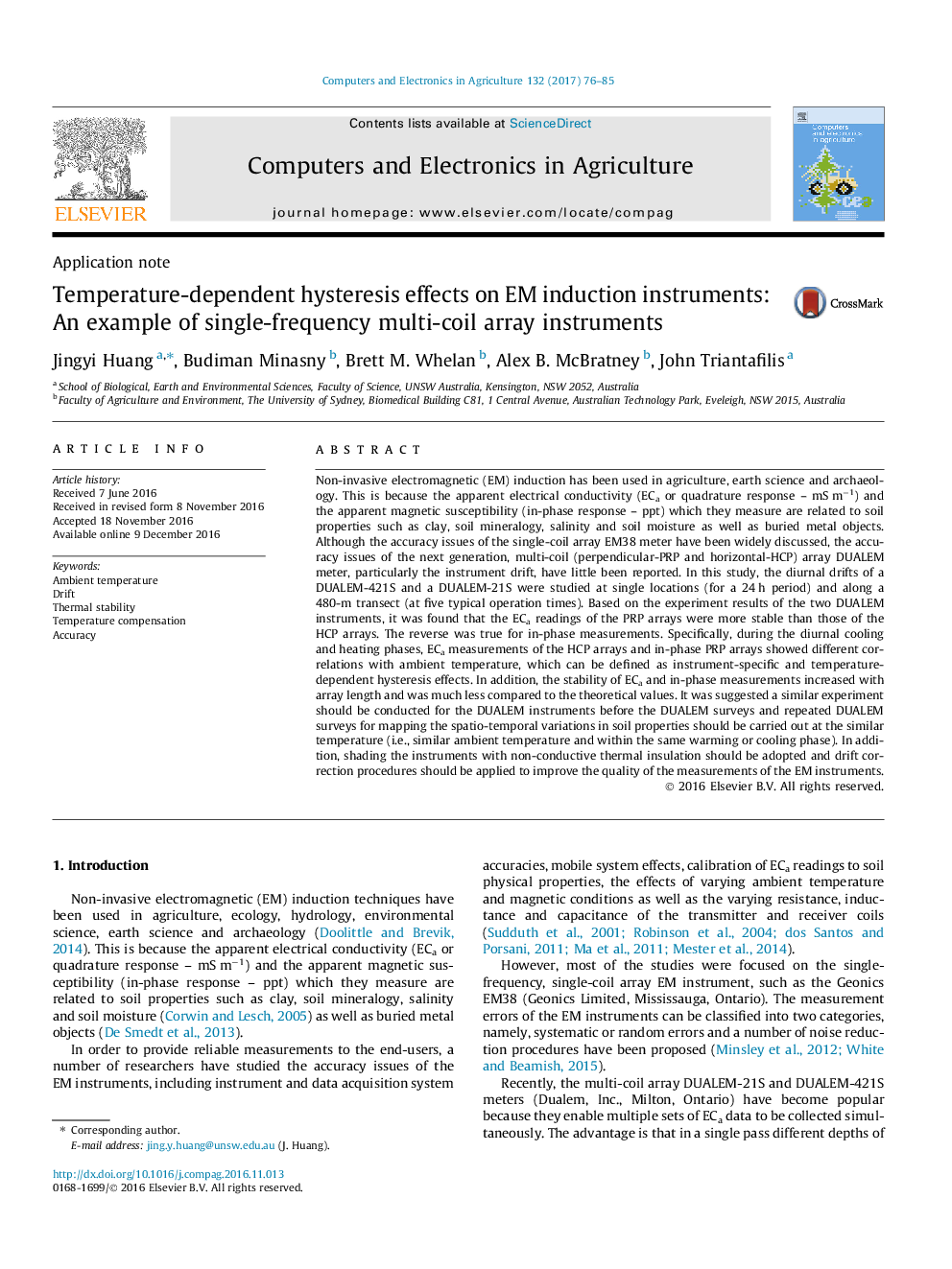 Temperature-dependent hysteresis effects on EM induction instruments: An example of single-frequency multi-coil array instruments