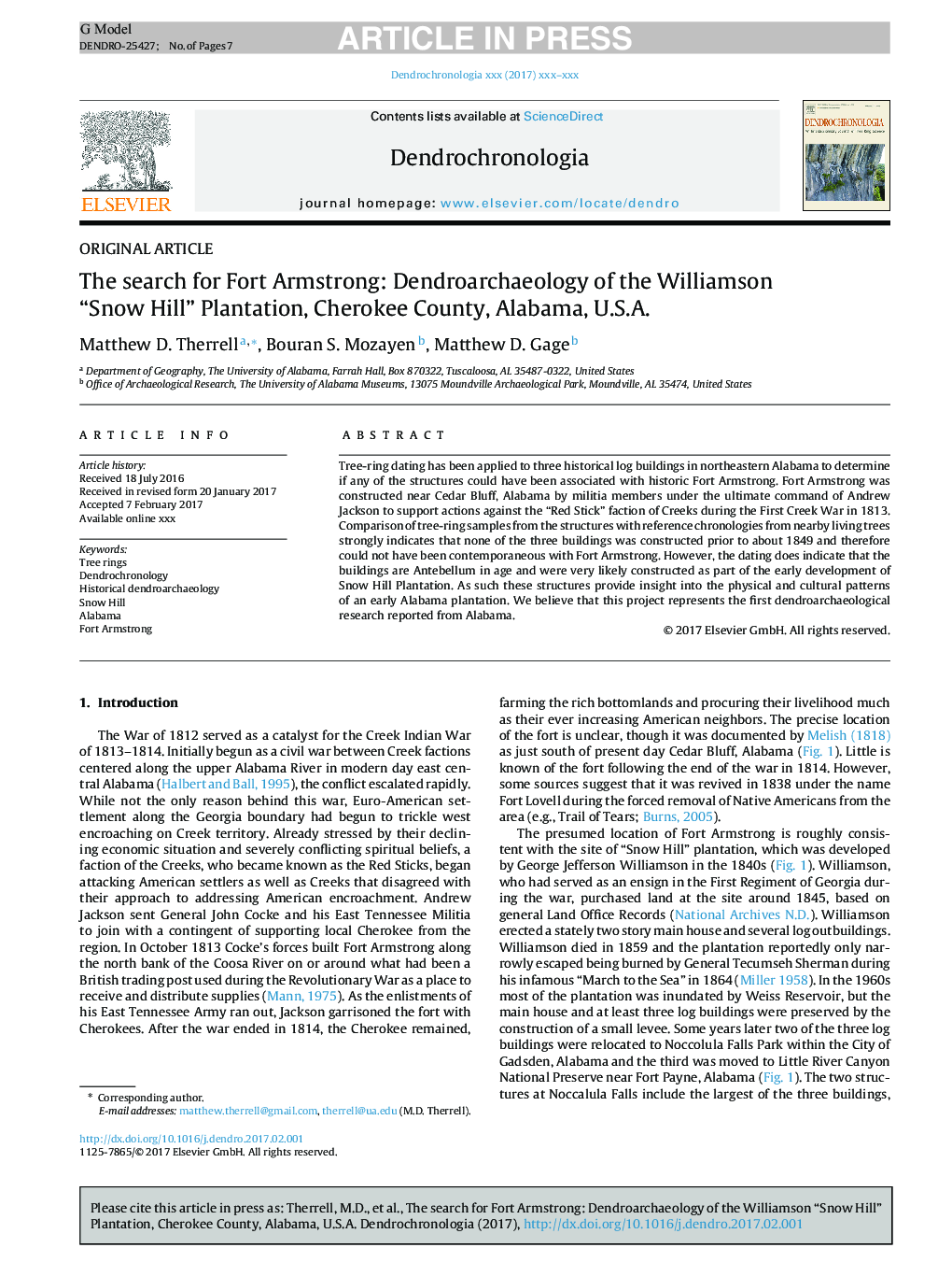 The search for Fort Armstrong: Dendroarchaeology of the Williamson “Snow Hill” Plantation, Cherokee County, Alabama, U.S.A.