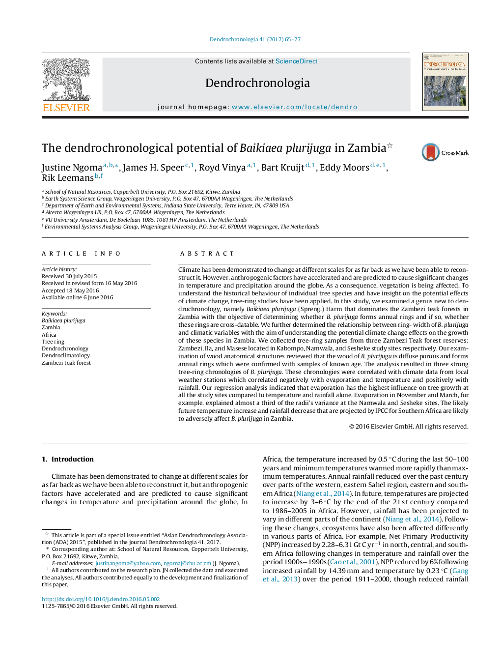 The dendrochronological potential of Baikiaea plurijuga in Zambia