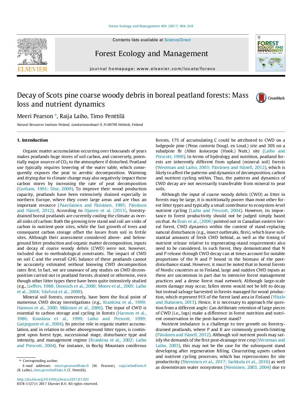 Decay of Scots pine coarse woody debris in boreal peatland forests: Mass loss and nutrient dynamics