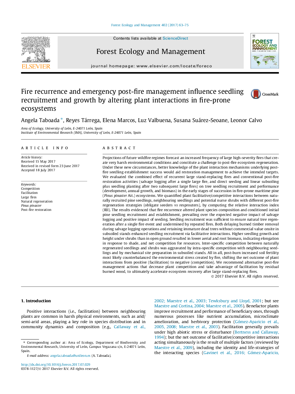 Fire recurrence and emergency post-fire management influence seedling recruitment and growth by altering plant interactions in fire-prone ecosystems