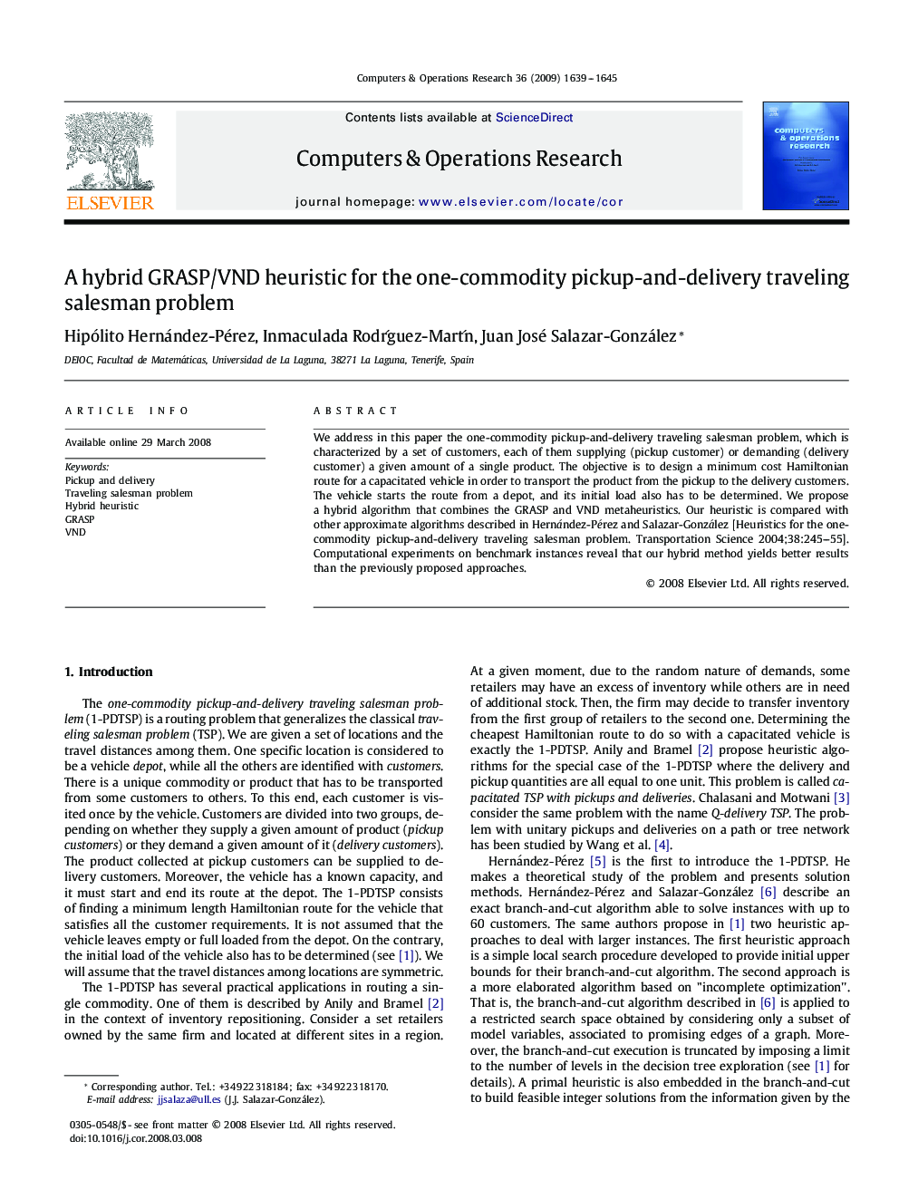 A hybrid GRASP/VND heuristic for the one-commodity pickup-and-delivery traveling salesman problem