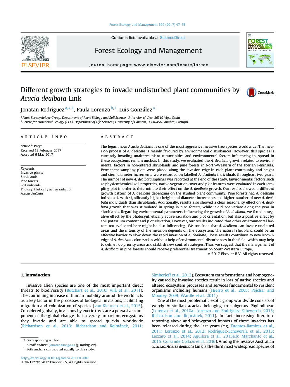 Different growth strategies to invade undisturbed plant communities by Acacia dealbata Link