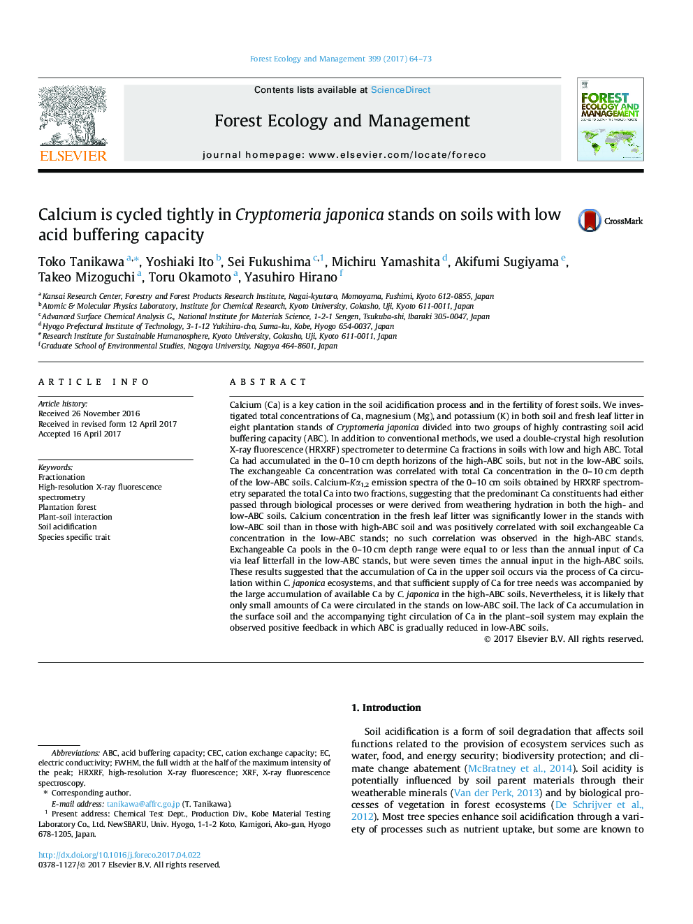 Calcium is cycled tightly in Cryptomeria japonica stands on soils with low acid buffering capacity