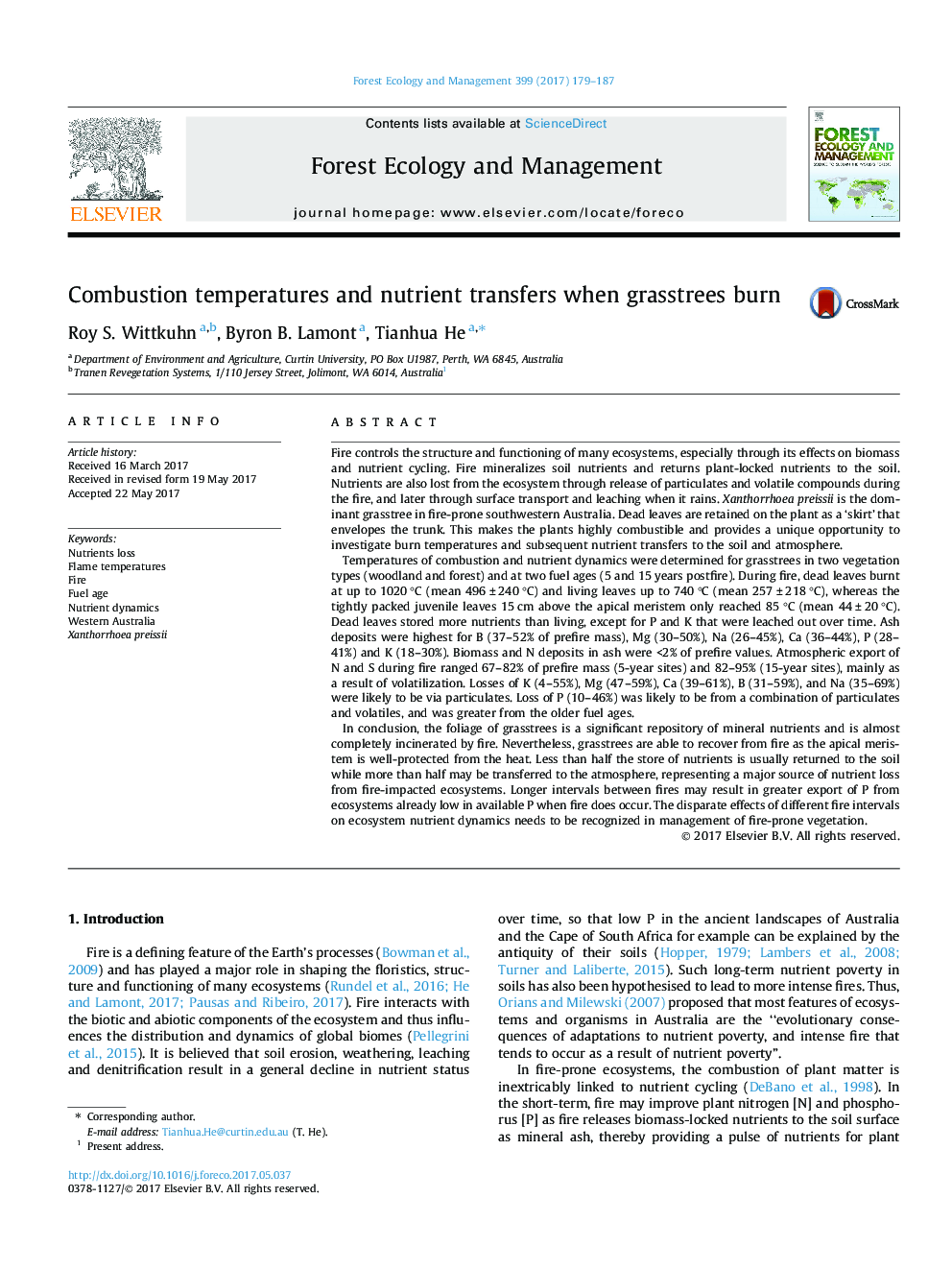 Combustion temperatures and nutrient transfers when grasstrees burn