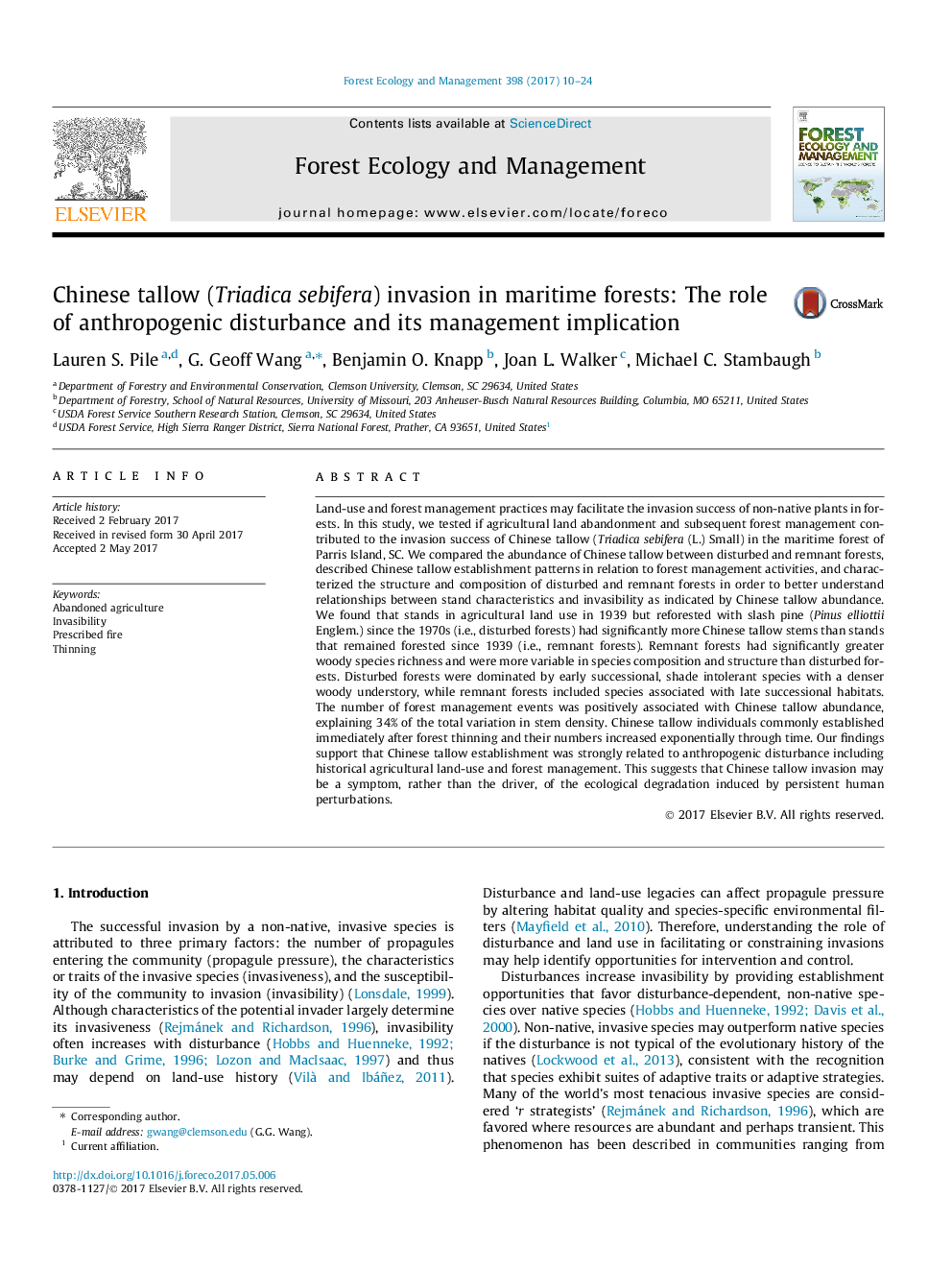 Chinese tallow (Triadica sebifera) invasion in maritime forests: The role of anthropogenic disturbance and its management implication