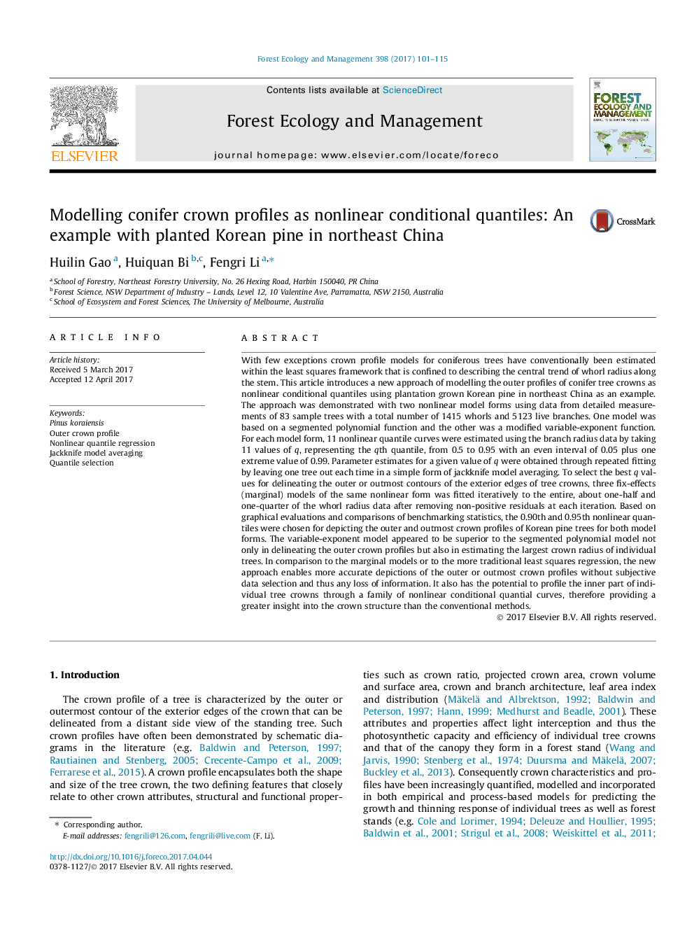 Modelling conifer crown profiles as nonlinear conditional quantiles: An example with planted Korean pine in northeast China