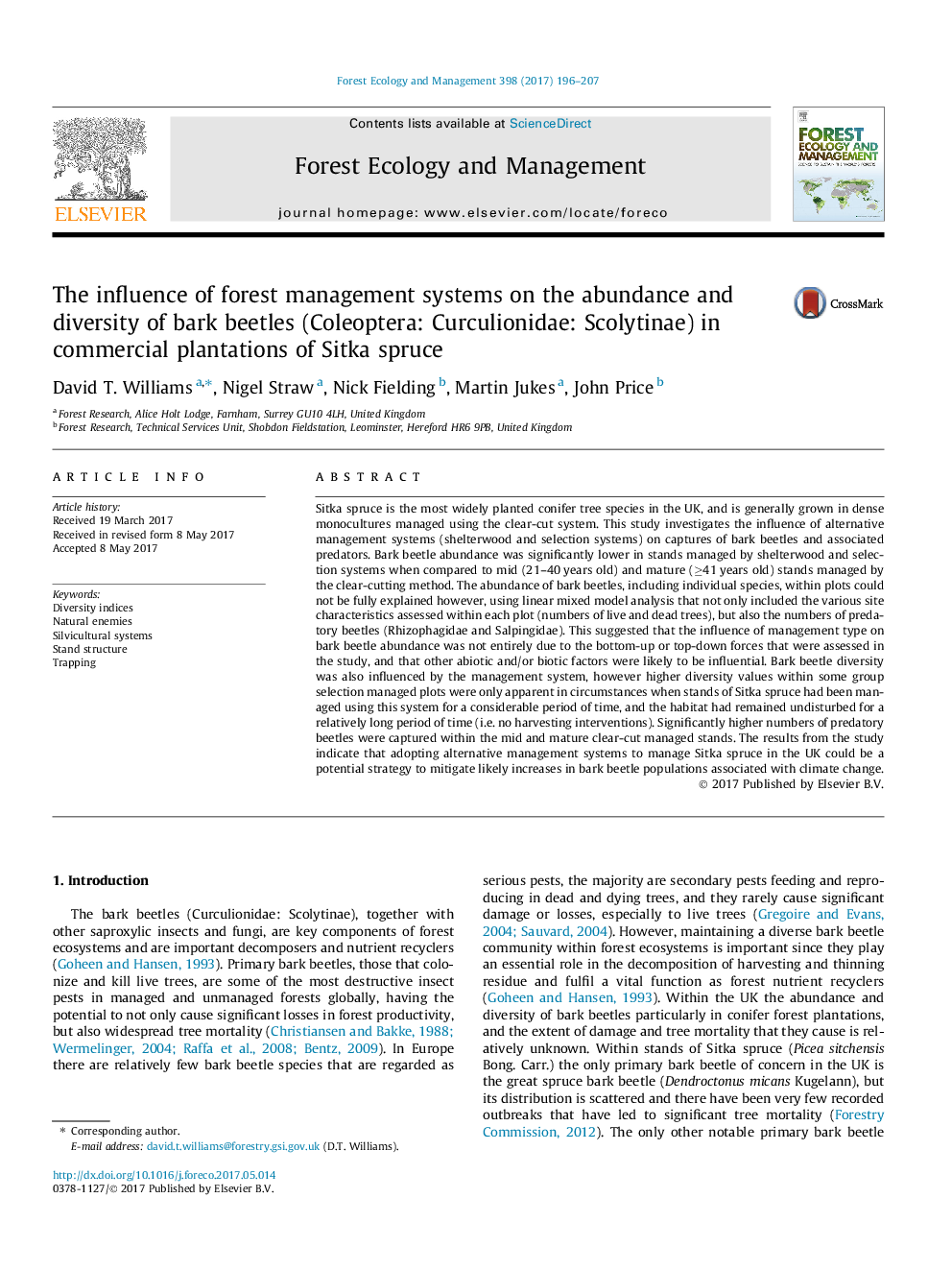 The influence of forest management systems on the abundance and diversity of bark beetles (Coleoptera: Curculionidae: Scolytinae) in commercial plantations of Sitka spruce