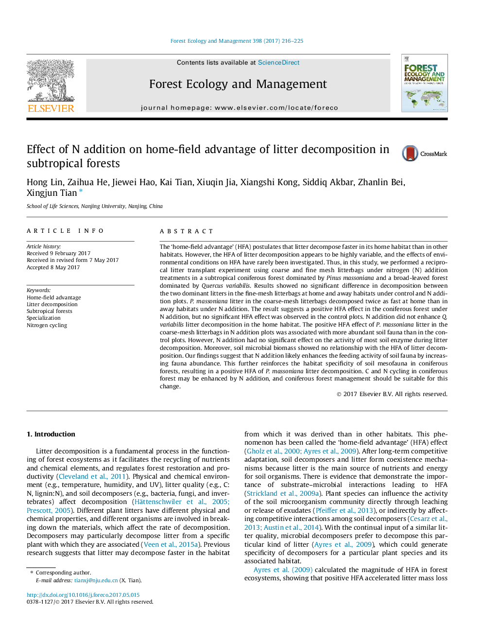 Effect of N addition on home-field advantage of litter decomposition in subtropical forests