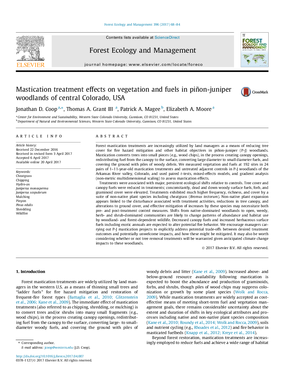 Mastication treatment effects on vegetation and fuels in piñon-juniper woodlands of central Colorado, USA