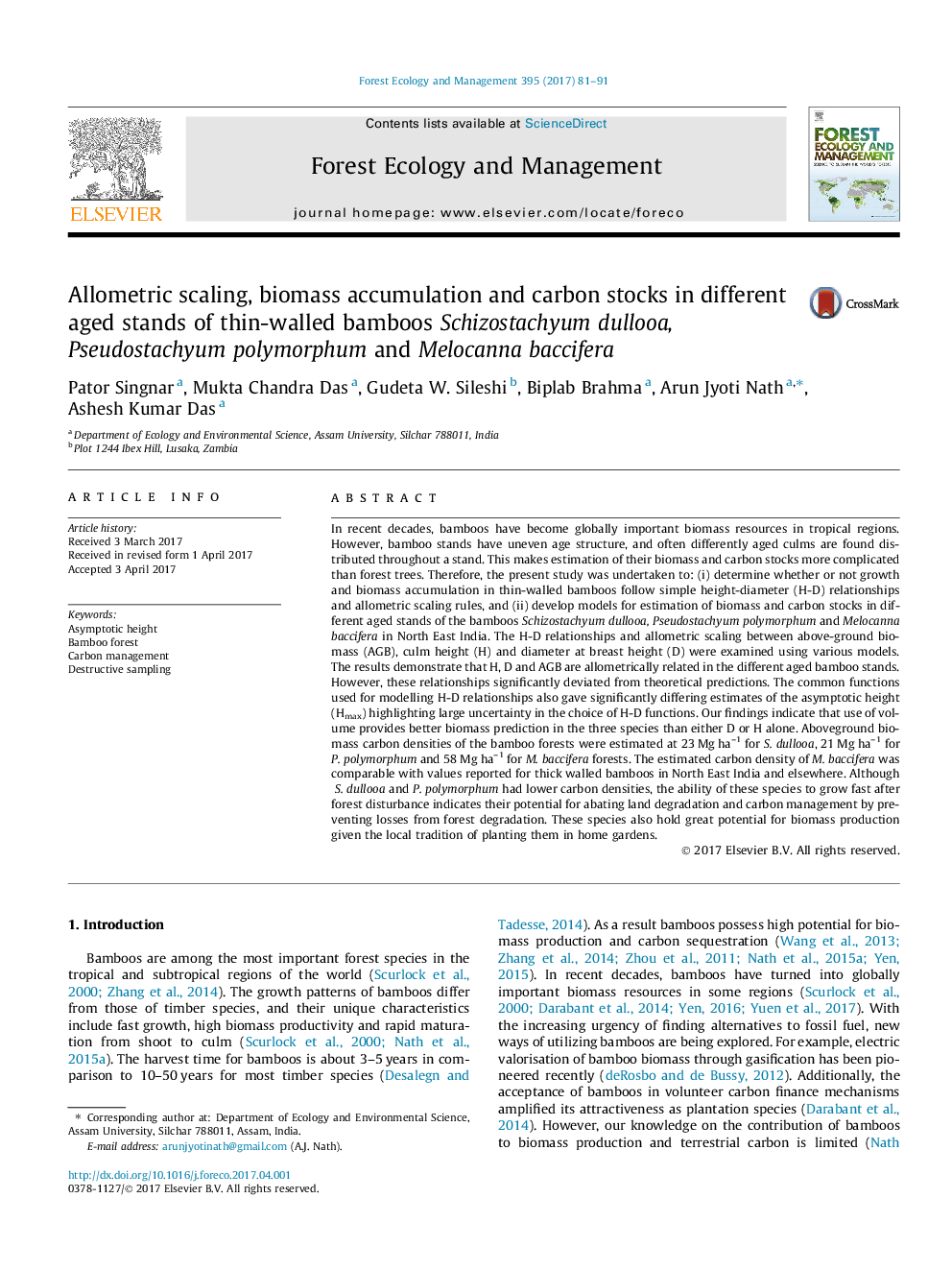 Allometric scaling, biomass accumulation and carbon stocks in different aged stands of thin-walled bamboos Schizostachyum dullooa, Pseudostachyum polymorphum and Melocanna baccifera