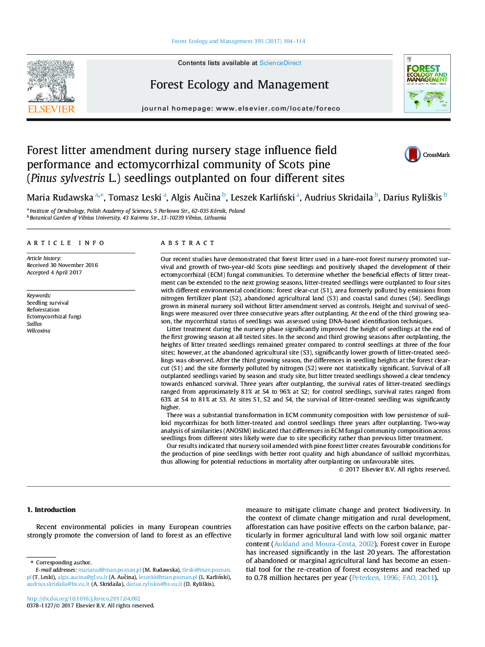 Forest litter amendment during nursery stage influence field performance and ectomycorrhizal community of Scots pine (Pinus sylvestris L.) seedlings outplanted on four different sites