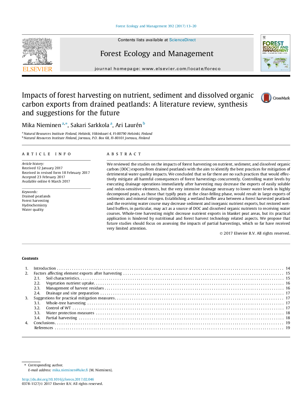 Impacts of forest harvesting on nutrient, sediment and dissolved organic carbon exports from drained peatlands: A literature review, synthesis and suggestions for the future