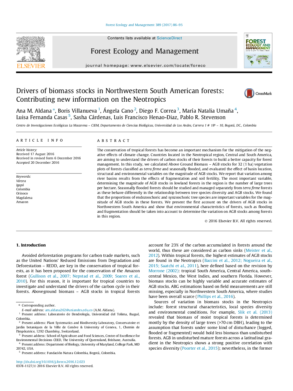 Drivers of biomass stocks in Northwestern South American forests: Contributing new information on the Neotropics