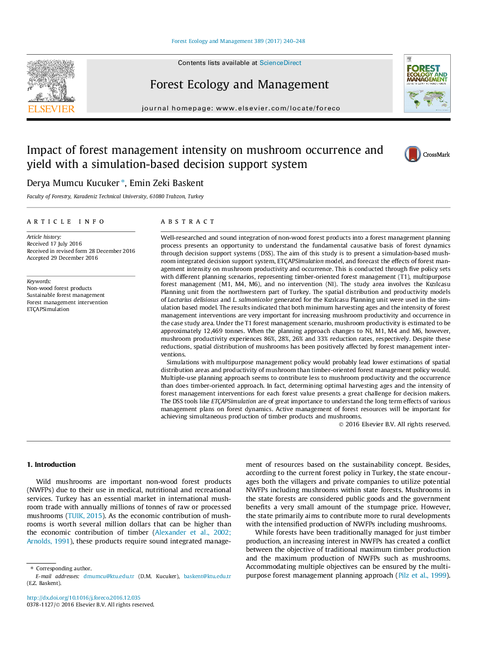 Impact of forest management intensity on mushroom occurrence and yield with a simulation-based decision support system