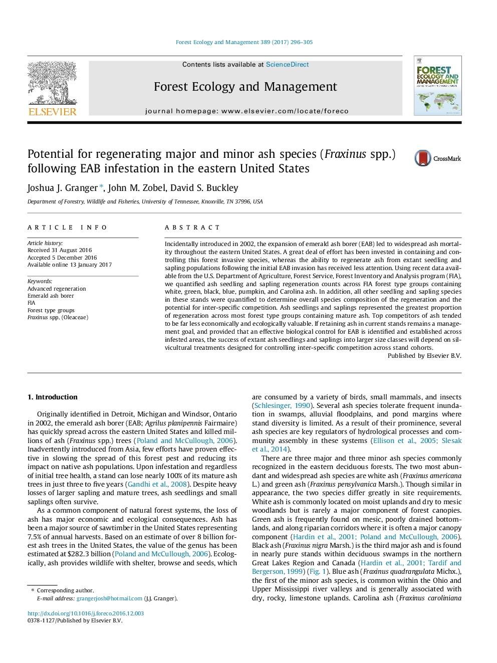 Potential for regenerating major and minor ash species (Fraxinus spp.) following EAB infestation in the eastern United States