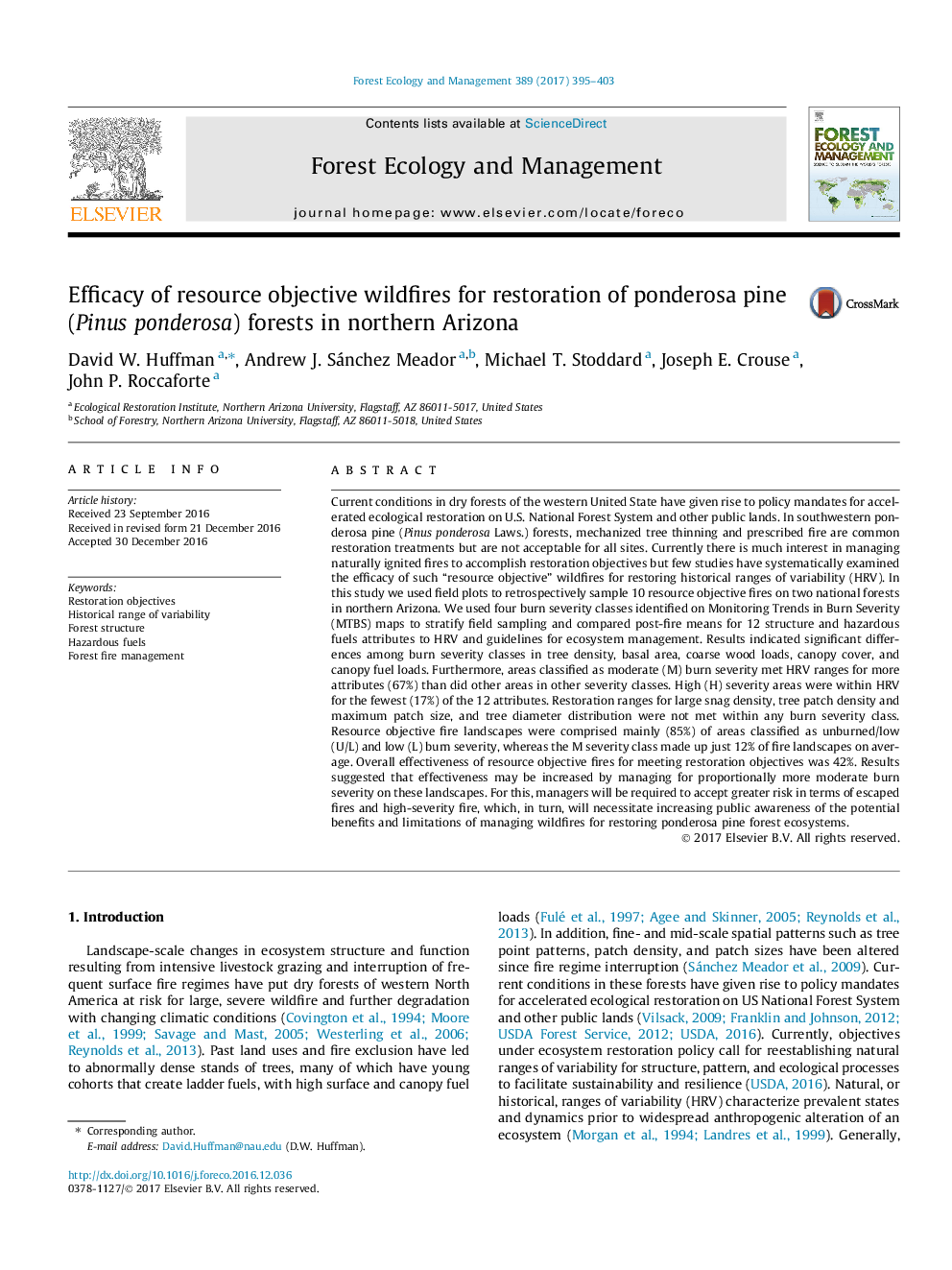 Efficacy of resource objective wildfires for restoration of ponderosa pine (Pinus ponderosa) forests in northern Arizona