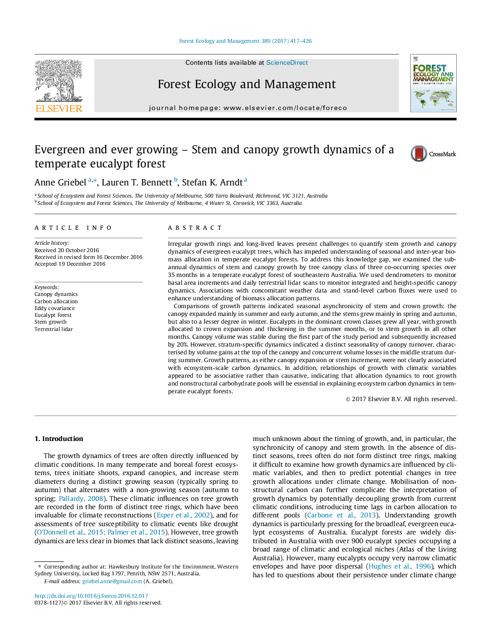 Evergreen and ever growing – Stem and canopy growth dynamics of a temperate eucalypt forest