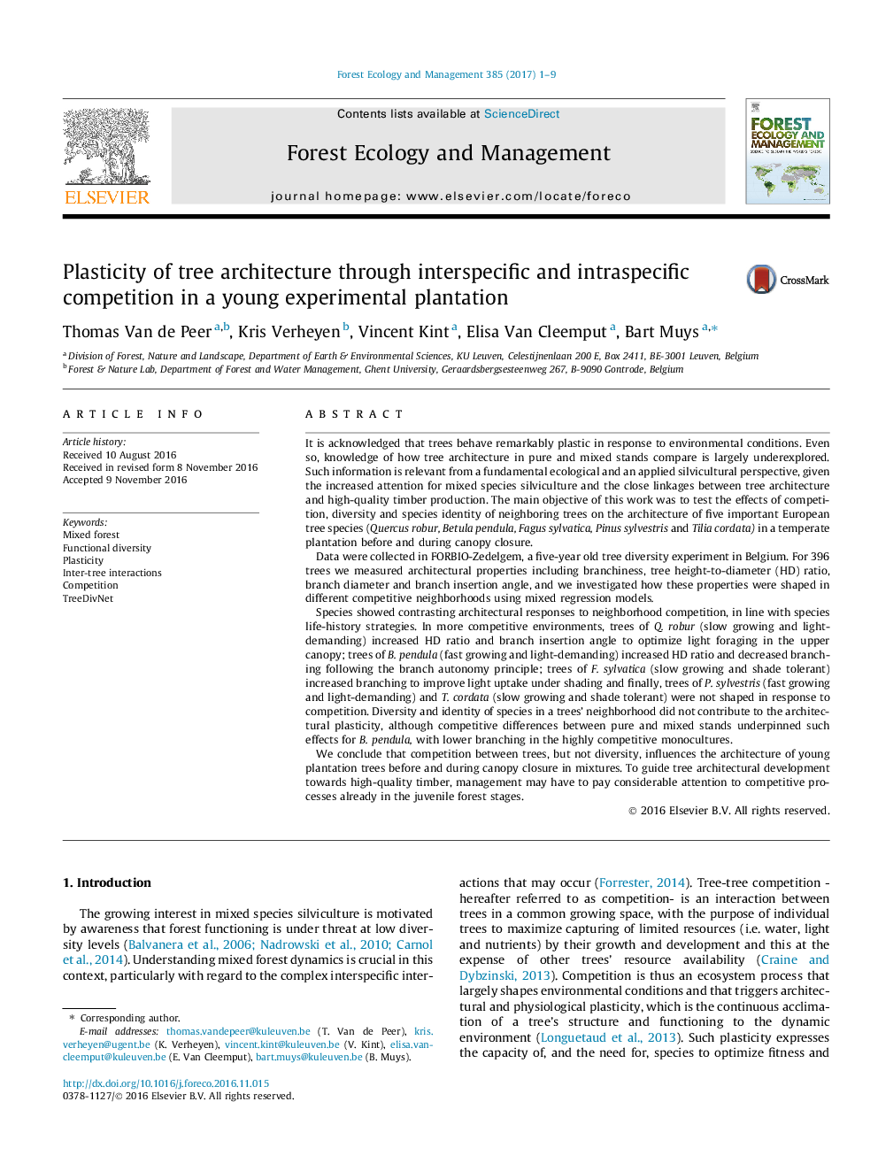 Plasticity of tree architecture through interspecific and intraspecific competition in a young experimental plantation