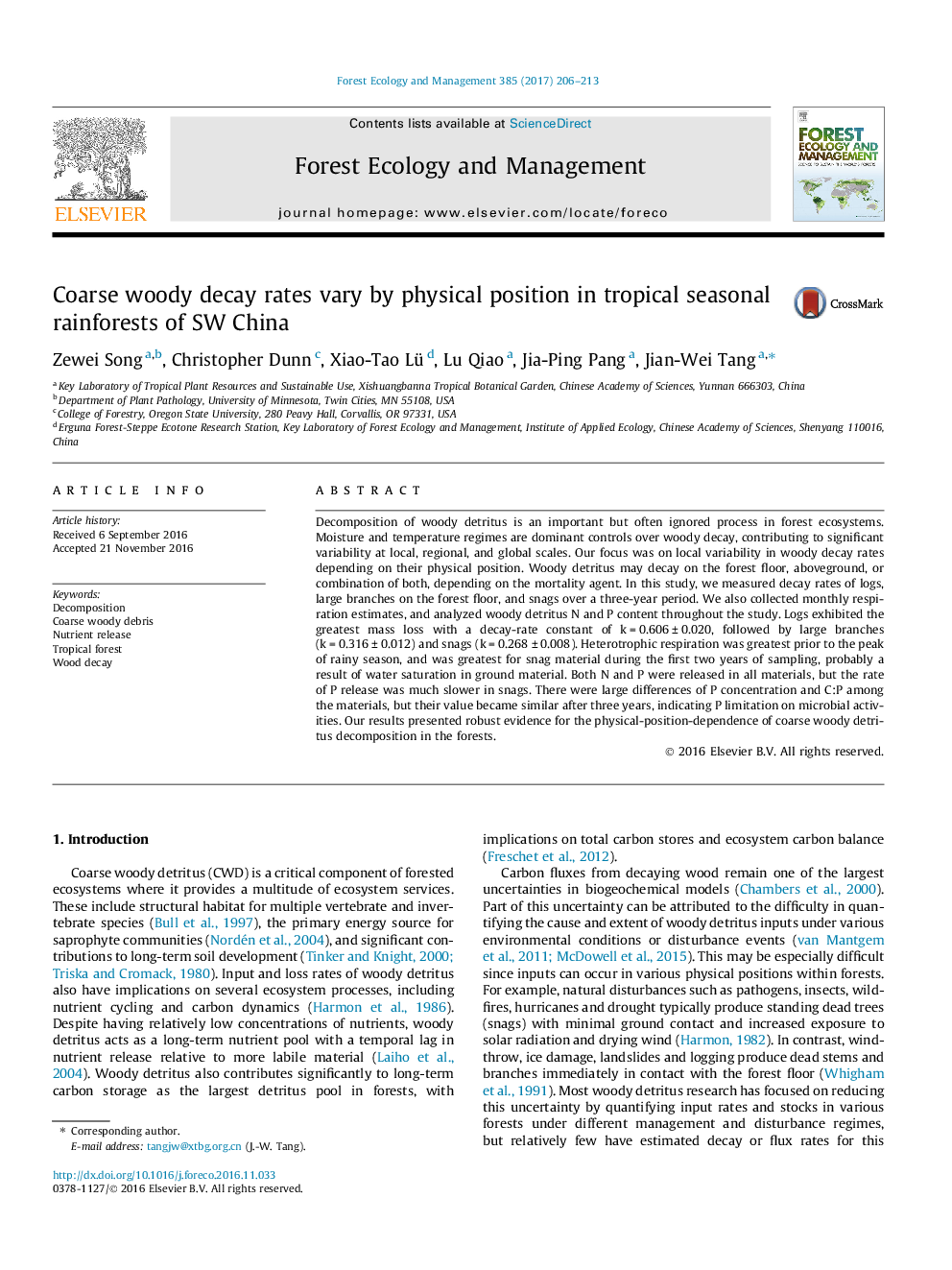 Coarse woody decay rates vary by physical position in tropical seasonal rainforests of SW China