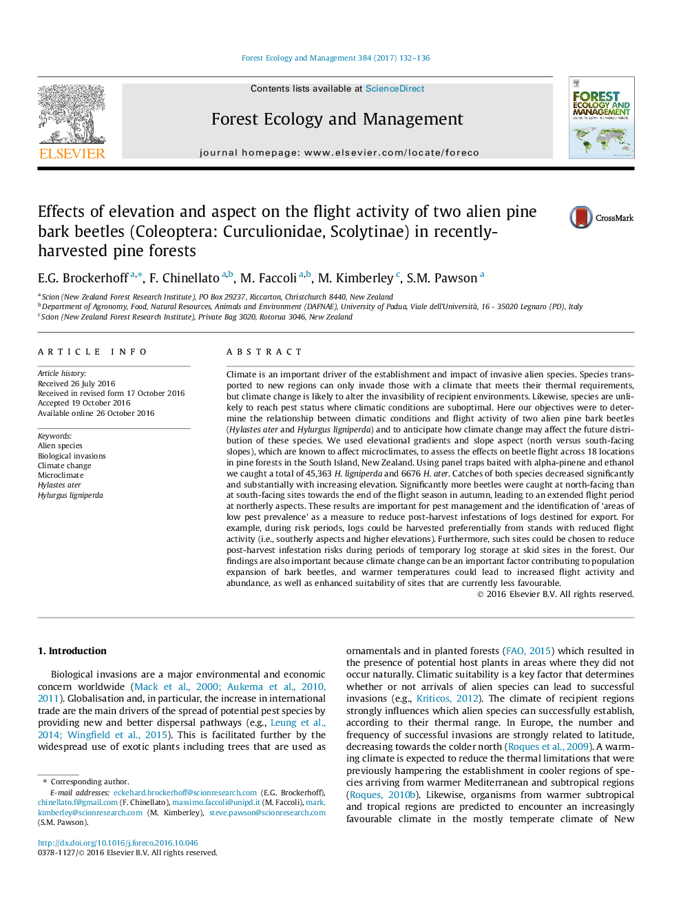 Effects of elevation and aspect on the flight activity of two alien pine bark beetles (Coleoptera: Curculionidae, Scolytinae) in recently-harvested pine forests